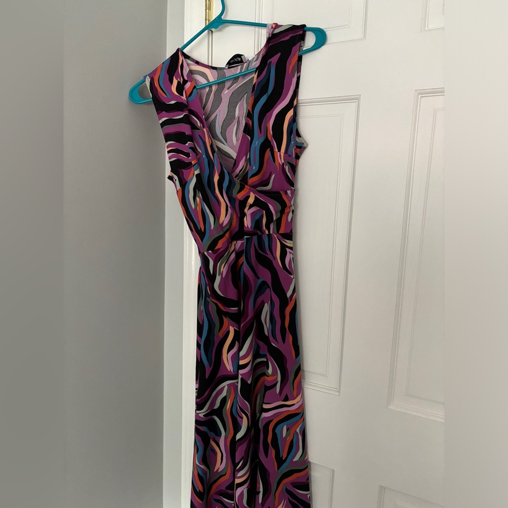 Leota purple multi color funky print wrap dress